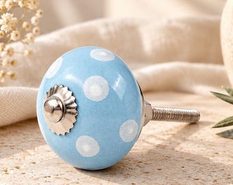 Hand-Painted Blue Polka Dot Ceramic Knob | Shabby Chic Furniture Hardware