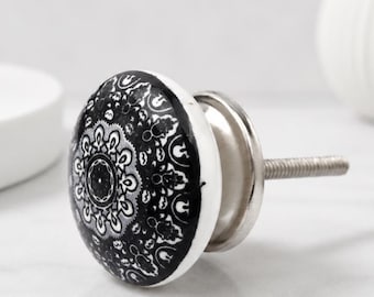 Black White Mandala Ceramic Drawer Knobs, Hand Painted Bohemian Cabinet Pulls