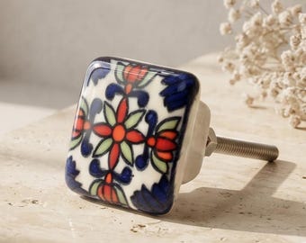 Multi Color Square Drawer Pulls - Art Deco Ceramic Floral Knobs