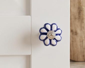 Hand-Painted Floral Ceramic Drawer Knob – Blue & White Cabinet Pull by VMS Crafts