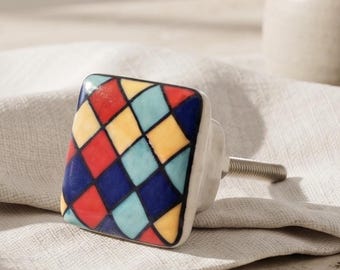 Boho Colorful Square Ceramic Drawer Pull | Hand Painted Retro Kitchen Cabinet Knob