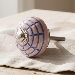 Handmade Pink Ceramic Knob with Blue Grid - Unique Drawer Hardware