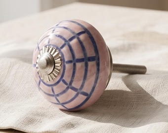Handmade Pink Ceramic Knob with Blue Grid - Unique Drawer Hardware