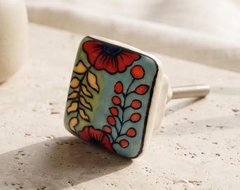 Boho Floral Ceramic Drawer Pulls | Handcrafted Colorful Cabinet Knobs for Dresser & Bathroom Vanity
