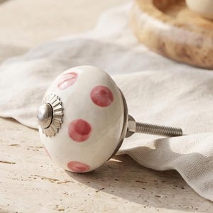 Handmade Ceramic Drawer Pull | White & Pink Polka Dot Cabinet Knob | Vintage Floral Rustic Home Decor