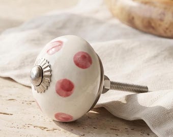 Handmade Ceramic Drawer Pull | White Pink Polka Dot Cabinet Knob | Rustic Boho Home Decor