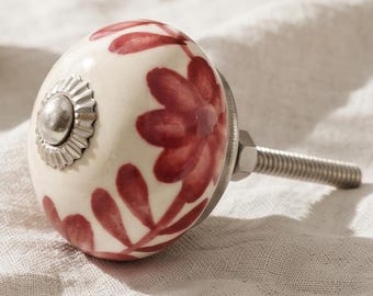 Hand Painted Ceramic Drawer Knob - Red Floral Cabinet Knob - Vintage Boho Hardware