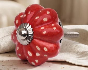 Vintage Dresser Knob with Red Flower | Hand Painted Ceramic Drawer Pull | Boho Kitchen Handle