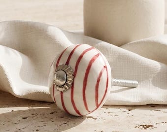 Red Striped Ceramic Drawer Pull | Unique Hand Painted Cabinet Knob | Farmhouse Style