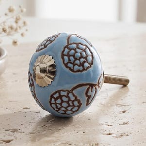 Light Blue Hand Painted Floral Cabinet Knobs | Vintage Boho Drawer Pulls