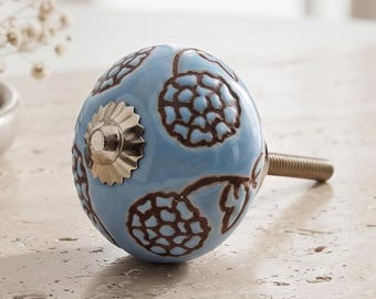 Light Blue Hand Painted Floral Cabinet Knobs | Vintage Boho Drawer Pulls