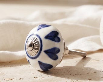 Hand Painted Blue & White Ceramic Drawer Pulls | Vintage Heart Boho Cabinet Knobs