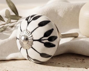 Handpainted Black & White Ceramic Cabinet Knobs | Floral Drawer Pulls | Boho Modern Kitchen Hardware