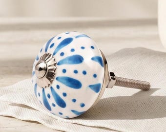 Handmade Blue & White Ceramic Knob - Floral Drawer Pull for Vintage Decor