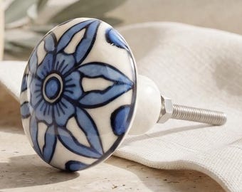 Hand Painted Blue Floral Ceramic Knobs | Boho Drawer Pulls | Vintage Kitchen Hardware