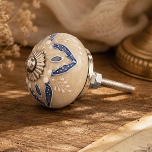 Hand Painted Blue Floral Ceramic Knob, Vintage Dresser Handle, Farmhouse Cabinet Hardware