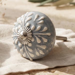 Blue & White Hand-Painted Floral Cabinet Knob | Vintage Dresser Pull | Boho Decorative Hardware