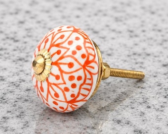 Hand Painted Orange Floral Ceramic Knobs, Round Cabinet Drawer Pulls