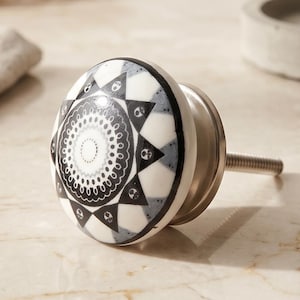 Hand Painted Mandala Ceramic Knobs | Boho Black, White & Gray Cabinet Pulls