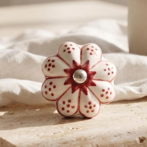 Handcrafted Ceramic Cabinet Knobs - Red Floral & Dot Design