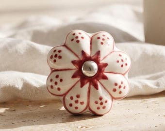 Handcrafted Ceramic Cabinet Knobs - Red Floral & Dot Design