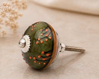 Hand-Painted Ceramic Drawer Knobs, Boho Round Cabinet Pulls, Olive Green and Brown Furniture Hardware