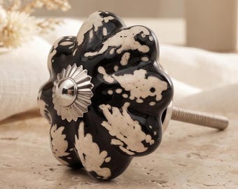 Hand-Painted Ceramic Cabinet Knob | Black & Cream Floral Boho Drawer Pull
