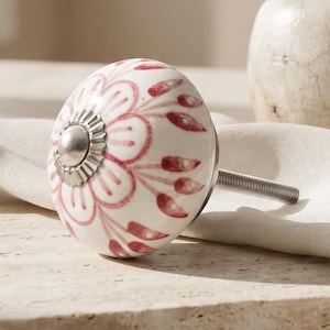 Red Floral Ceramic Cabinet Knob - Unique Hand Painted Drawer Pull for Vintage Boho & Cottagecore Decor