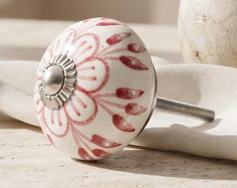 Red Floral Ceramic Cabinet Knob – Hand Painted Drawer Pull for Boho Decor