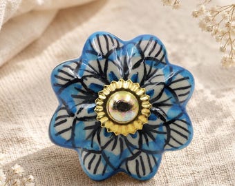Hand-Painted Blue Floral Ceramic Drawer Pull, Pumpkin Shape Cabinet Knob