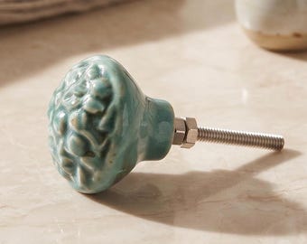 Embossed Floral Ceramic Knob, Blue Green Cabinet Pull, Handmade Dresser Drawer Knob, Unique Furniture Hardware