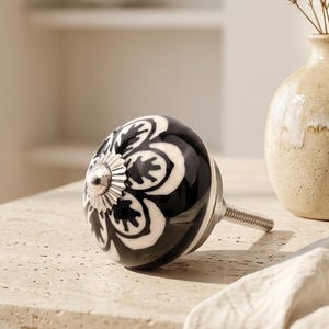 Black White Floral Ceramic Knobs | Boho Mandala Drawer Pulls | Cabinet Hardware