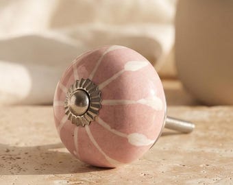 Hand Painted Pink Ceramic Knob with White Botanical Pattern - Ornate Hardware - Furniture Renewal Pull