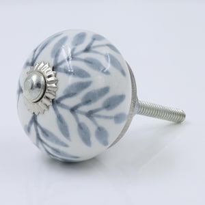 Blue Leaf Ceramic Knob Set of 10, White Cabinet Pulls with Silver Accents, Boho Drawer Handles, Hand Painted Furniture Hardware
