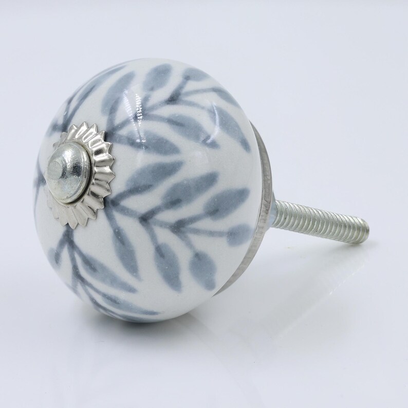 Blue Leaf Ceramic Knob Set of 10, White Cabinet Pulls with Silver Accents, Boho Drawer Handles, Hand Painted Furniture Hardware