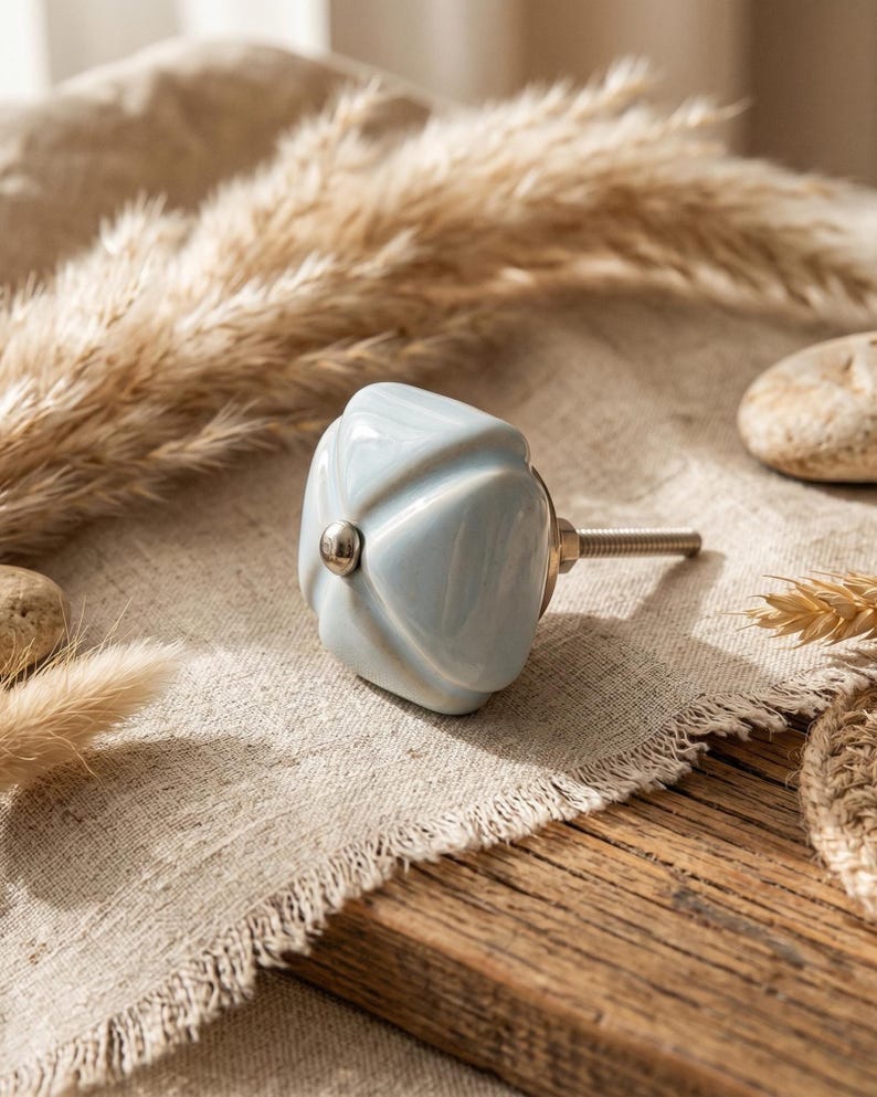 Handcrafted Blue Square Ceramic Knobs – Hand Painted Cabinet Pulls, Vintage Drawer Handles, Kitchen Cupboard Door Hardware