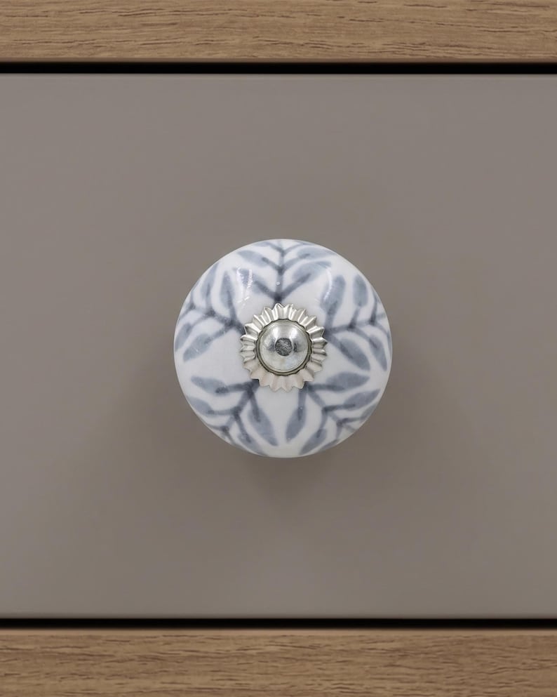 Blue Leaf Ceramic Knob Set of 10, White Cabinet Pulls with Silver Accents, Boho Drawer Handles, Hand Painted Furniture Hardware