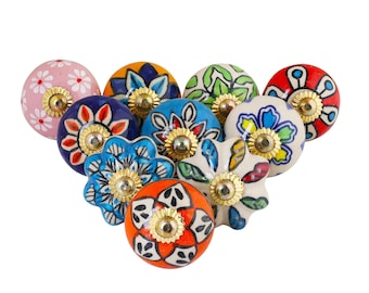 Hand-Painted Ceramic Knobs - Antique Boho Drawer Pulls, Set of 10