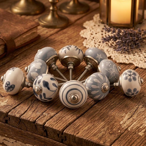 grey knobs for dresser Hand-painted Antique White Ceramic – Pack of 10 Boho Pulls & Drawer Handles GGBS0407
