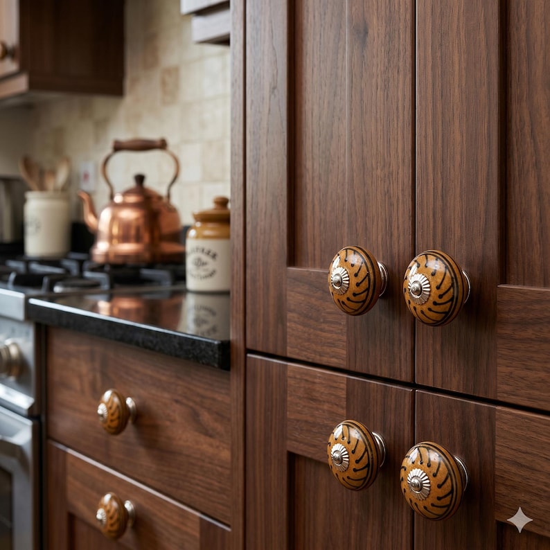 Vintage Ceramic Drawer Knobs, Green Brown Black Cabinet Pulls, Boho Chic Furniture Handles, Decorative Kitchen Cupboard Door Knobs