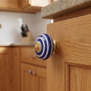 Handcrafted & Hand Painted Blue Striped Ceramic Door Knobs White Base Cupboard Pull Handles