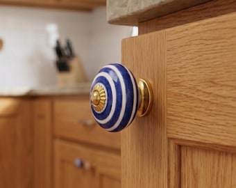 Handcrafted & Hand Painted Blue Striped Ceramic Door Knobs White Base Cupboard Pull Handles