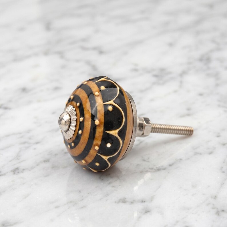 Hand Painted Brown Ceramic knobs, Ceramic Drawer Pulls, Black Striped Round Cabinet Knobs, Kitchen Cabinet Door Handles, Cupboard Knobs