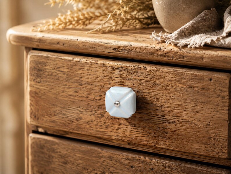 Handcrafted Blue Square Ceramic Knobs – Hand Painted Cabinet Pulls, Vintage Drawer Handles, Kitchen Cupboard Door Hardware