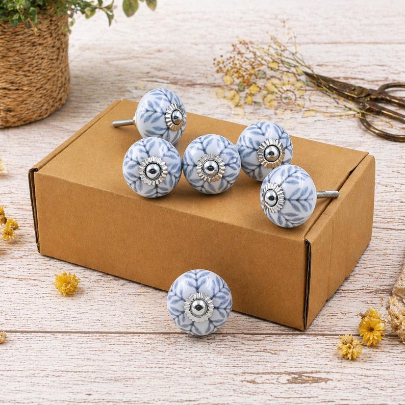Blue Leaf Ceramic Knob Set of 10, White Cabinet Pulls with Silver Accents, Boho Drawer Handles, Hand Painted Furniture Hardware