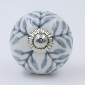 Blue Leaf Ceramic Knob Set of 10, White Cabinet Pulls with Silver Accents, Boho Drawer Handles, Hand Painted Furniture Hardware