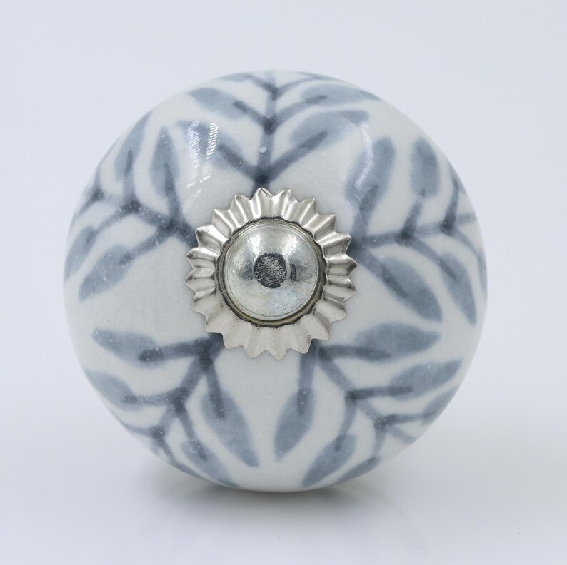 Blue Leaf Ceramic Knob Set of 10, White Cabinet Pulls with Silver Accents, Boho Drawer Handles, Hand Painted Furniture Hardware