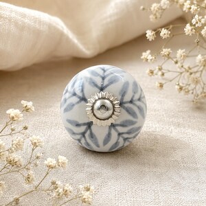 Blue Leaf Ceramic Knob Set of 10, White Cabinet Pulls with Silver Accents, Boho Drawer Handles, Hand Painted Furniture Hardware