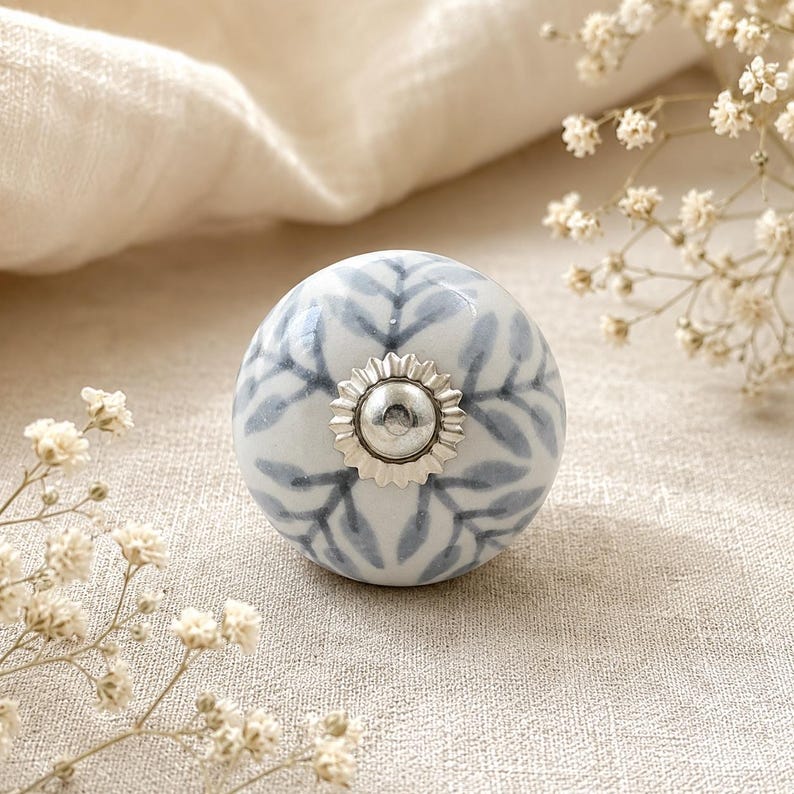 Blue Leaf Ceramic Knob Set of 10, White Cabinet Pulls with Silver Accents, Boho Drawer Handles, Hand Painted Furniture Hardware