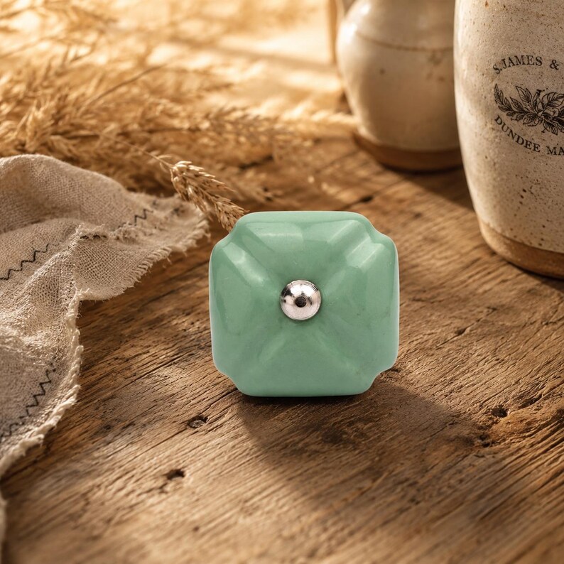 Handcrafted Green Square Ceramic Knobs – Vintage Hand Painted Cabinet Pulls
